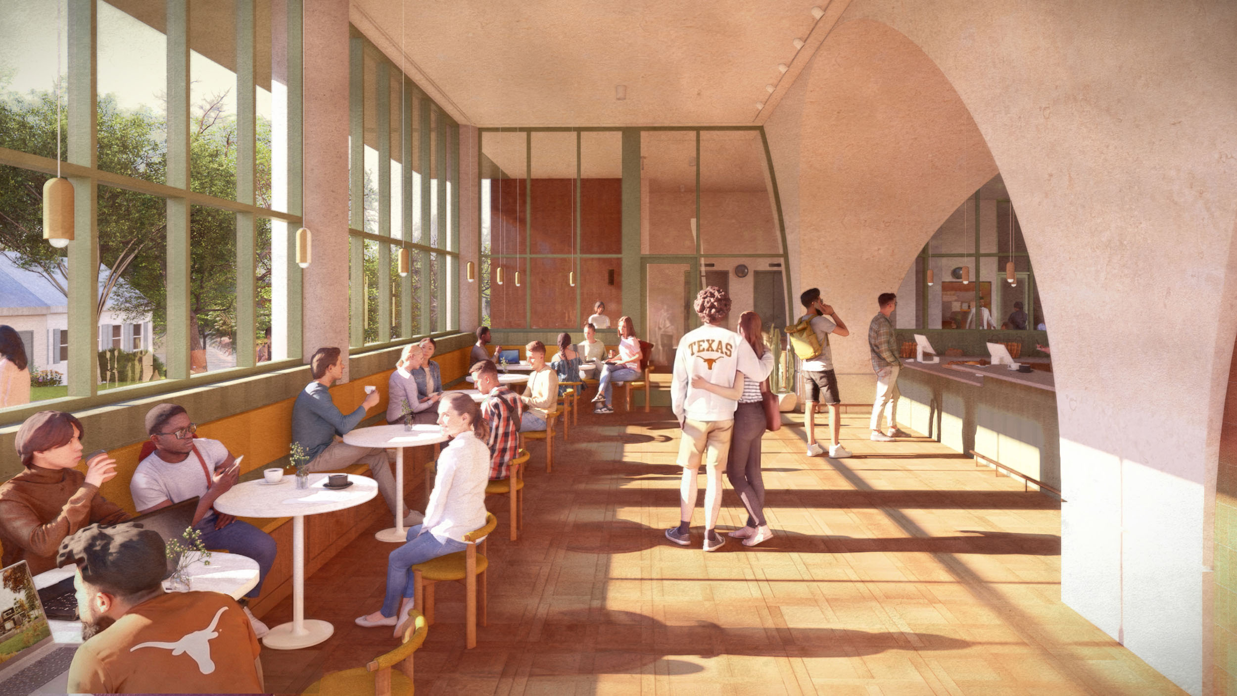 Students sit at small tables and on bench seating in a sun-filled café with large windows facing trees. Two students stand in the center of the room near thr service counter.