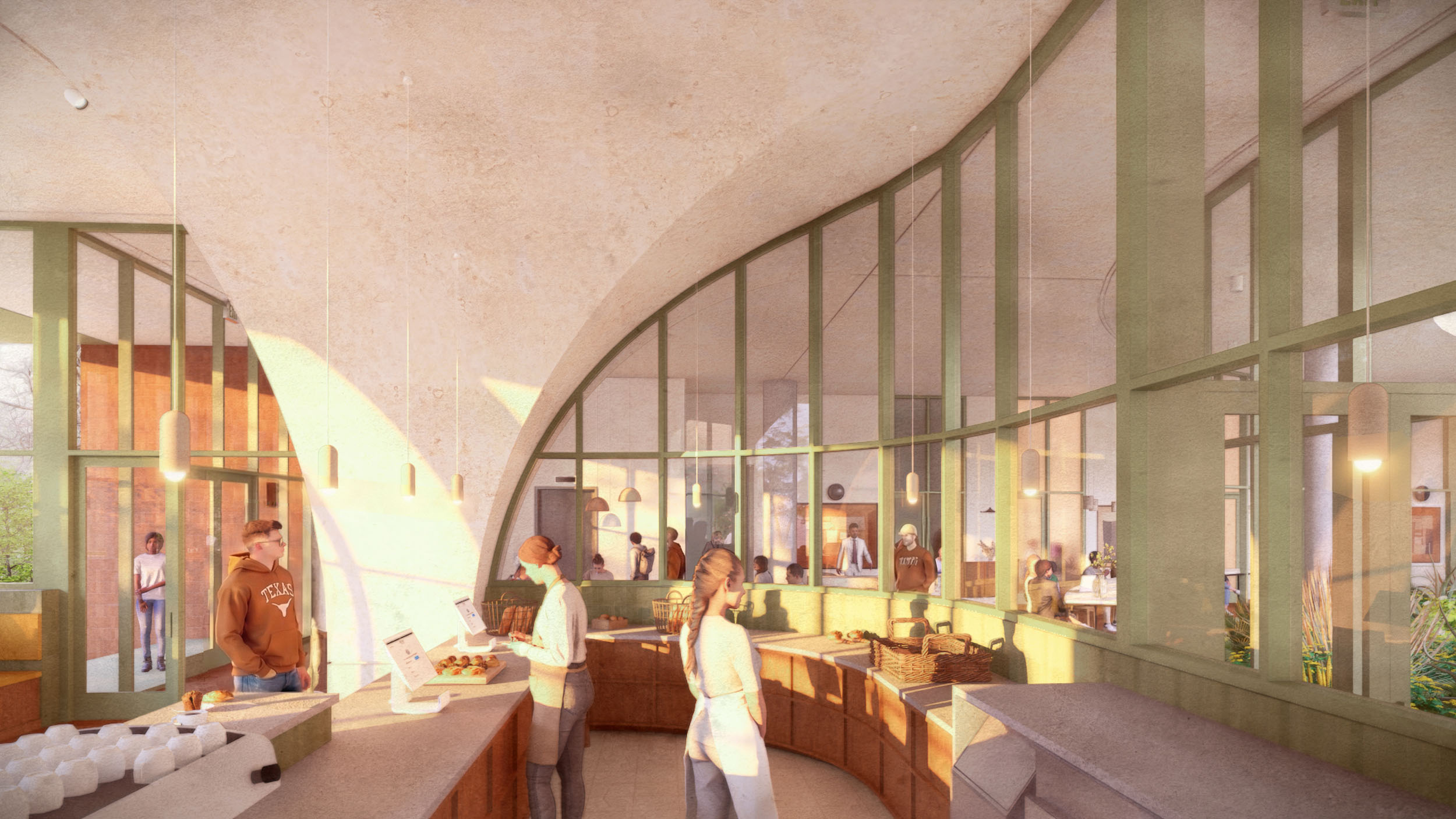 Students order at the café counter beneath a large arched ceiling. Floor-to-ceiling green-framed windows line the back wall, with more students visible dining inside.