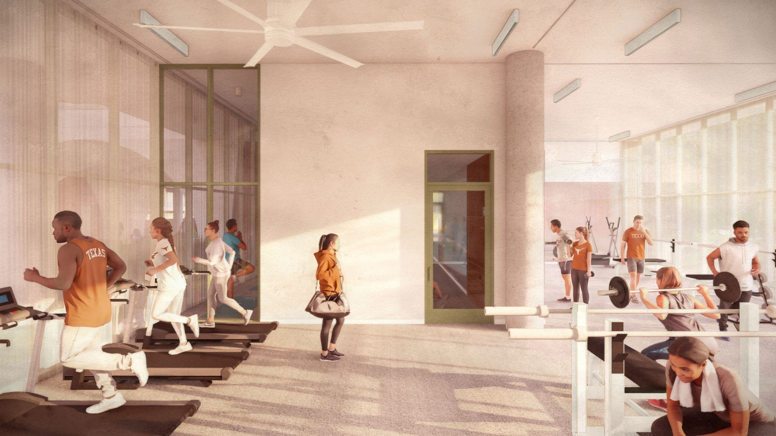 Students run on treadmills on the left side of a bright fitness center. On the right, other students lift weights and use gym equipment.