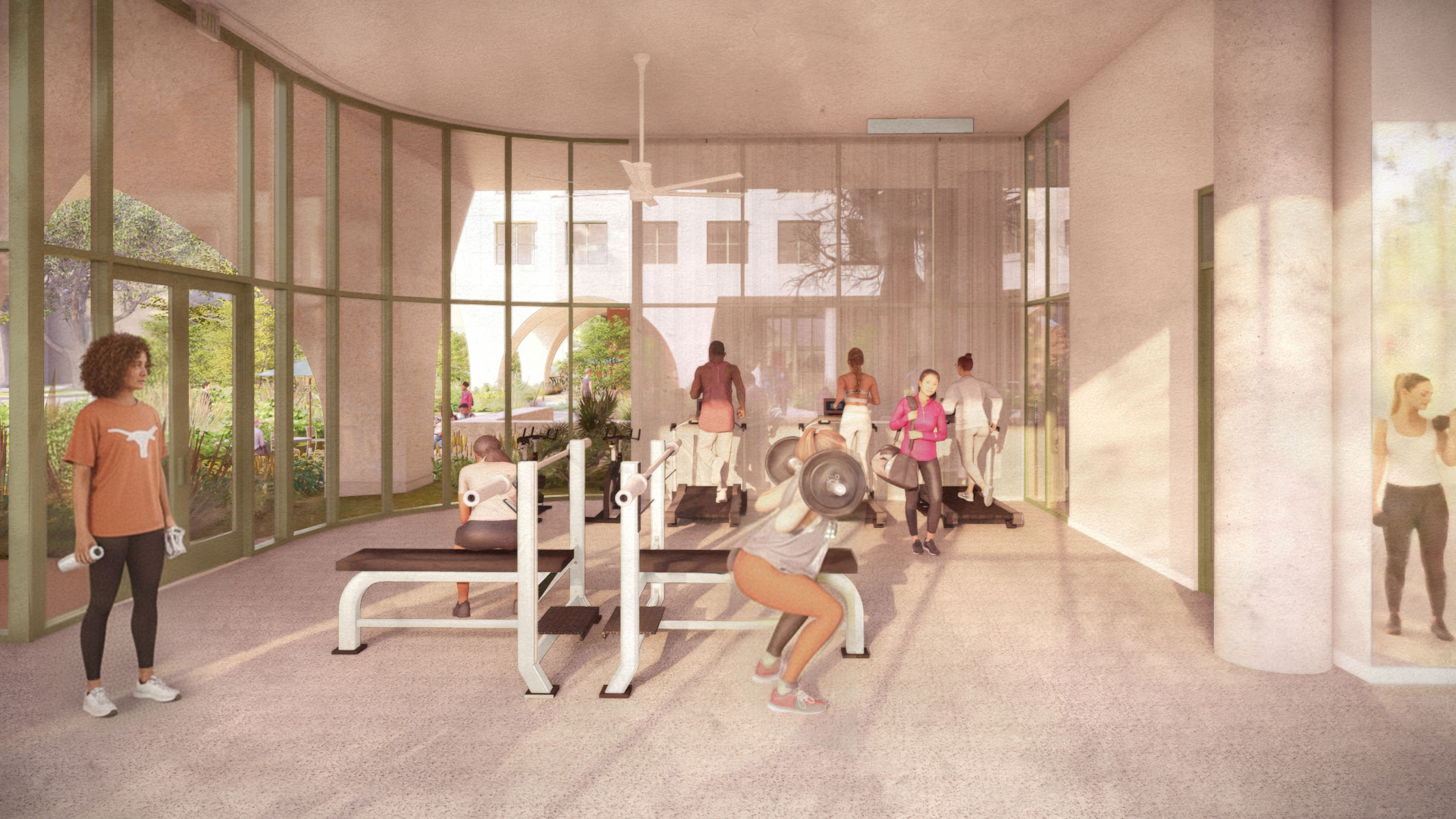 Students work out in a bright fitness center with floor-to-ceiling windows overlooking a courtyard. One student does squats with a barbell while others use treadmills in the background.