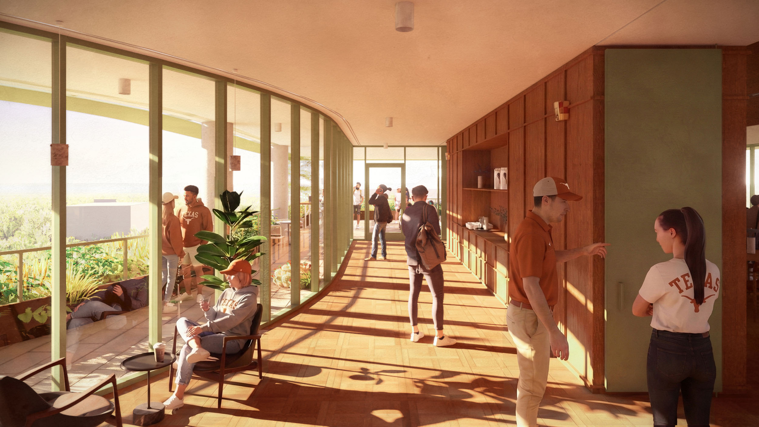 Students relax and socialize in sky lounge lobby. Warm wood-paneled walls with built-in shelving run along one side, and glass walls open to an outdoor terrace with greenery.