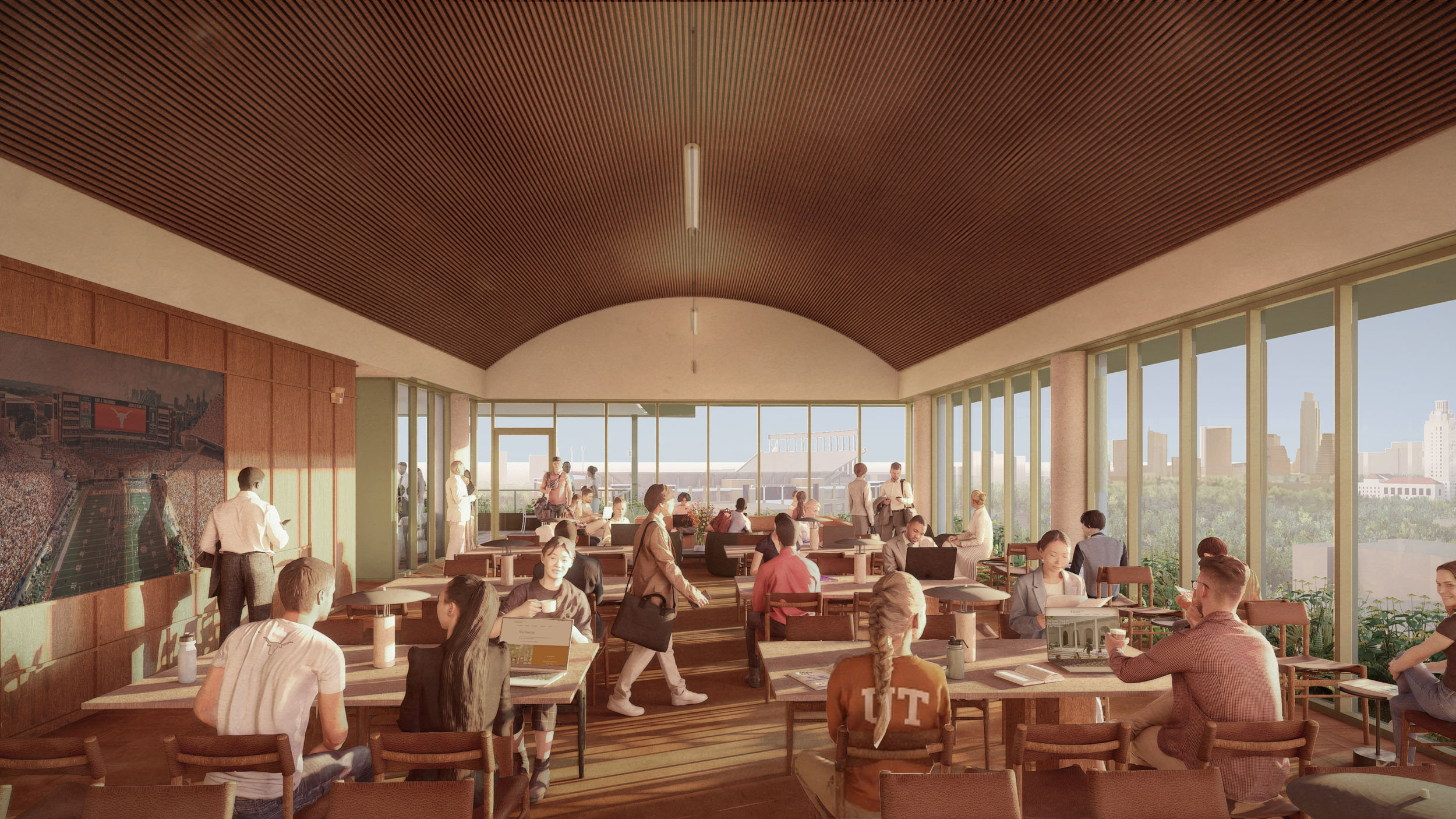 Students work on laptops and chat at wooden tables in the sky lounge with a barrel-vaulted wood ceiling. Floor-to-ceiling windows show views of the Austin skyline and UT campus.