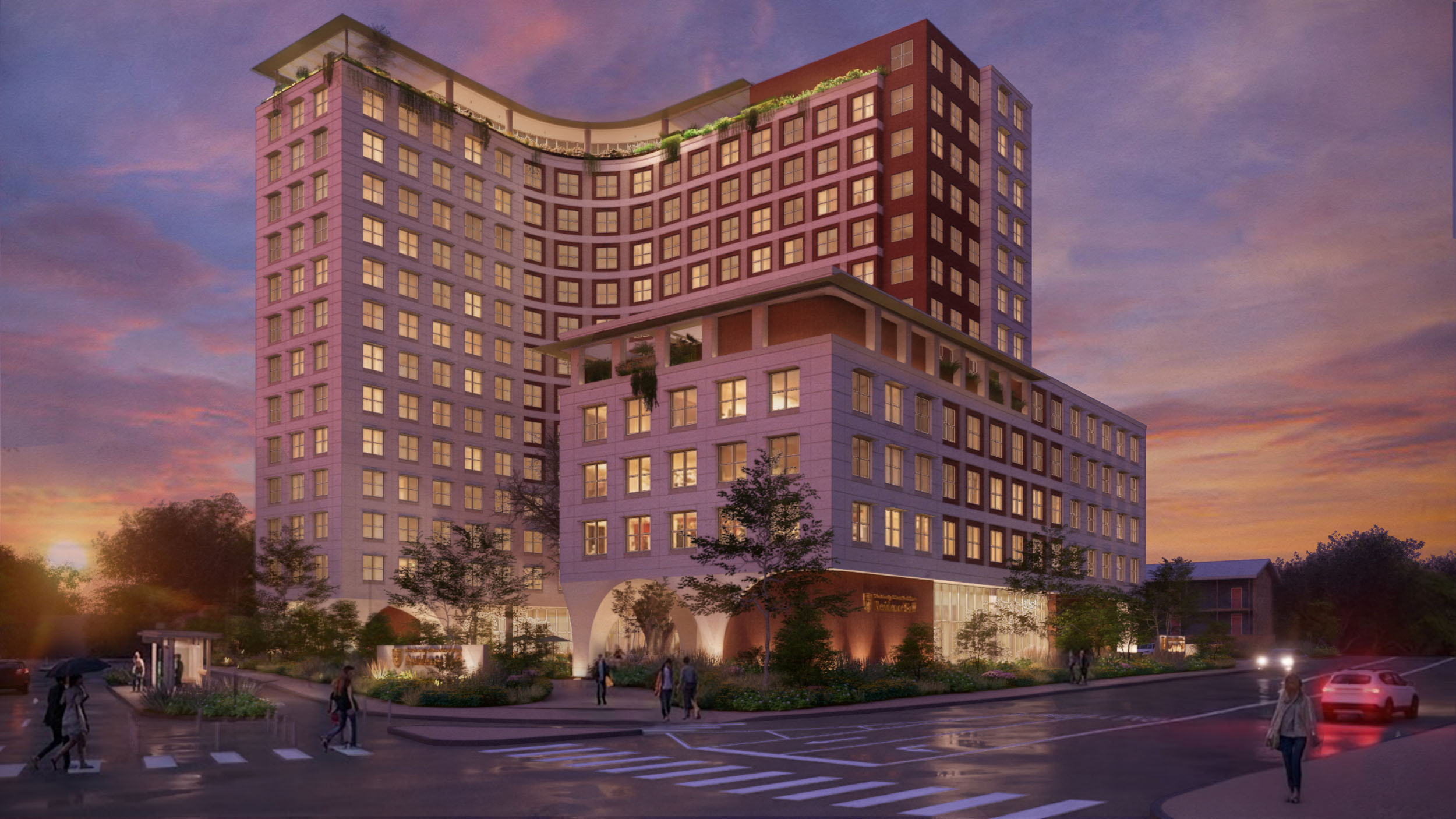 Nighttime rendering of the Residence Hall.