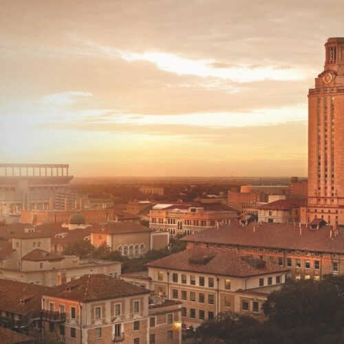 The University of Texas campus at sunset, with prominent view of the UT Tower.